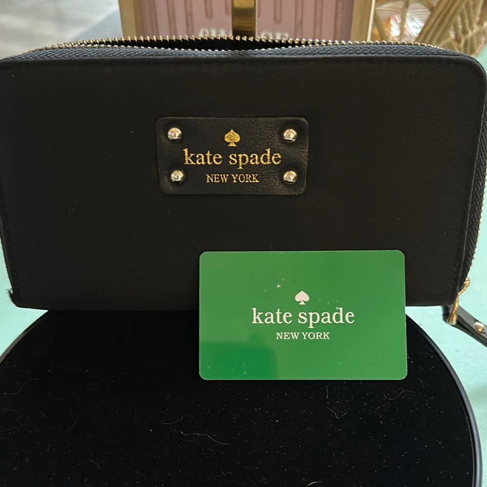 Kate Spade Black Leather Zip Around Continental Wallet | Striped Interior